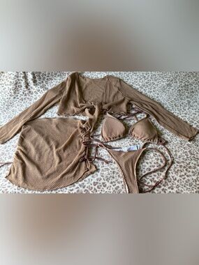 Textured Tie-Front Bikini Set in Camel